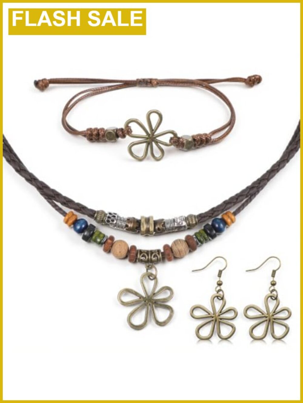 3 Pc Multi-Layer Wood Bead Necklace Bracelet Earrings Set